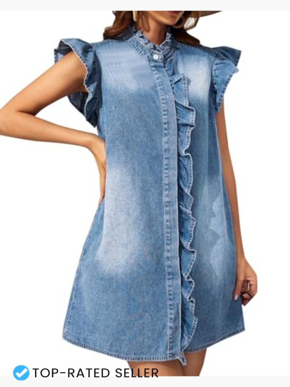 Denim Button Down Mini Dress Ruffle Sleeve Loose Fit Casual Summer - Picture 2 of 7